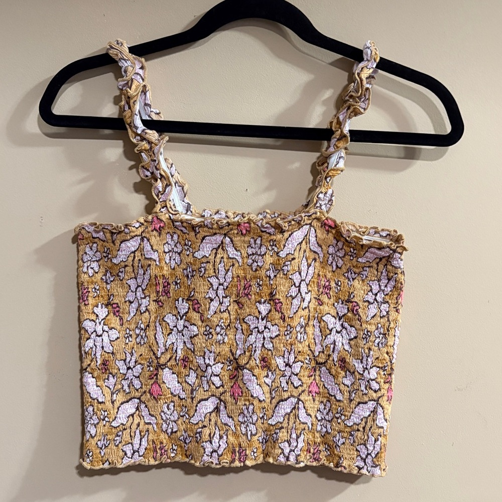 Aerie Tan Floral Smocked Cropped Tank Top Medium